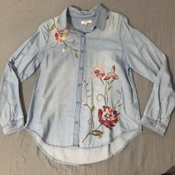 Button down denim floral embroidered shirt - Picture 1 of 1